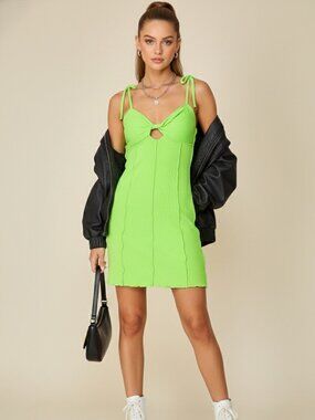 LUMIERE Lime Green Cutout Tie Strap Mini Dress Ribbed Bodycon Slip Dress